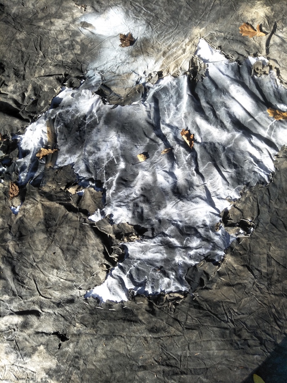 Bärbel Ullrich THE SHROUD OF DARKNESS, 2020 (details) Mixed Media on Canvas. Height 510cm, width 170cm. Canvas buried for about 3 months and stitched and stencilled in studio. Work is in progress indefinitely. Artist’s Statement My interest lies in the complexities, layers and mysteries of nature, land and environment.